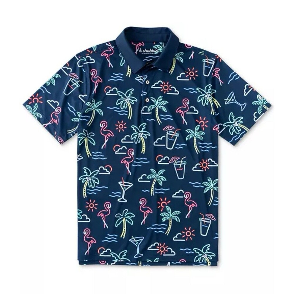 Chubbies Neon Lights Polo L Flamingo Cocktails Retro Golf Shirt  Navy